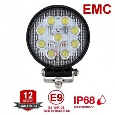 EMC LED siauro švietimo apvalus darbo žibintas 27W, 10-30V, 9 LED