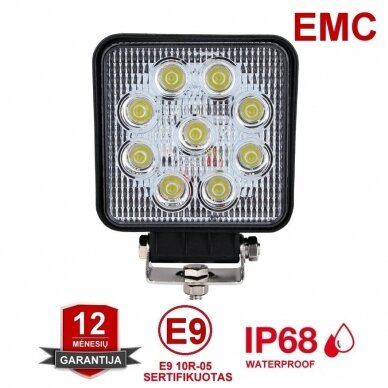EMC LED siauro švietimo darbo žibintas 27W, 10-30V, 9 LED EMC LED siauro švietimo darbo žibintas 27W, 10-30V, 9 LED