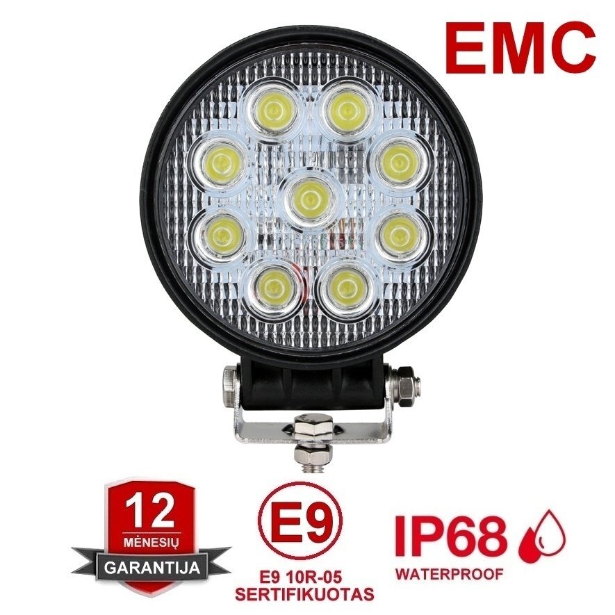 EMC LED siauro švietimo apvalus darbo žibintas 27W, 10-30V, 9 LED EMC LED siauro švietimo apvalus darbo žibintas 27W, 10-30V, 9 LED