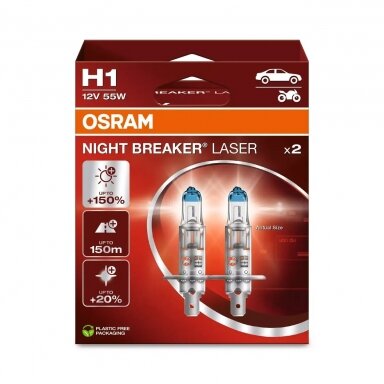 H1 OSRAM NIGHT BREAKER LASER +150% šviesos, +150m švietimo, +20% baltumo halogeninės lemputės 64150NL-2HB 2vnt.