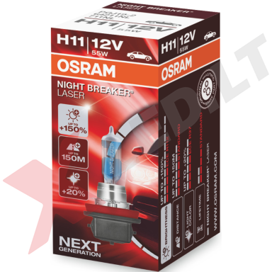 H11 OSRAM NIGHT BREAKER LASER +150% šviesos, +150m švietimo, +20% baltumo halogeninė lemputė