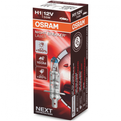 H1 OSRAM NIGHT BREAKER LASER +150% šviesos, +150m švietimo, +20% baltumo halogeninė lemputė 3