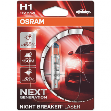 H1 OSRAM NIGHT BREAKER LASER +150% šviesos, +150m švietimo, +20% baltumo halogeninė lemputė