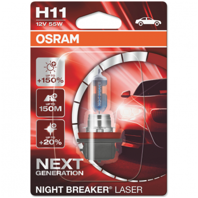 H11 OSRAM NIGHT BREAKER LASER +150% šviesos, +150m švietimo, +20% baltumo halogeninė lemputė