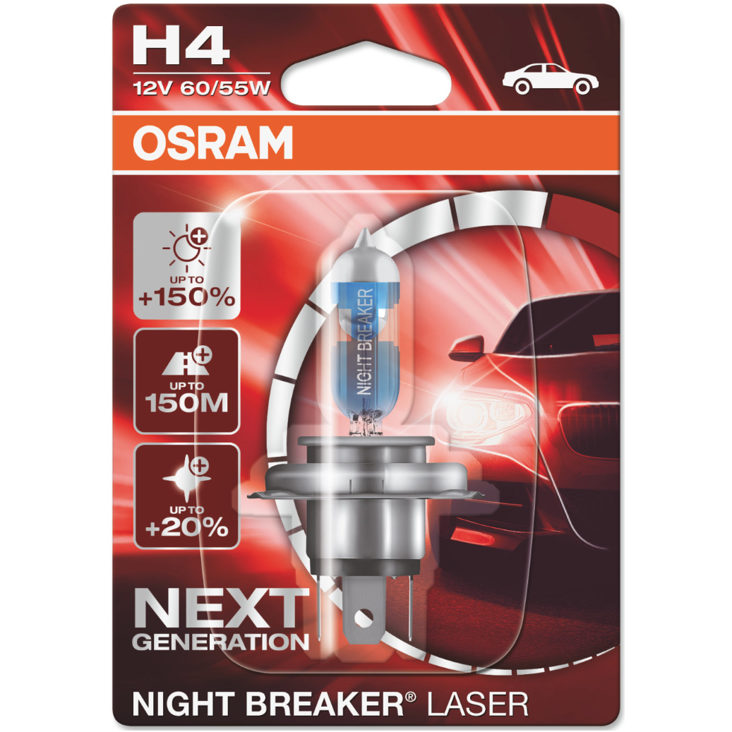 H4 OSRAM NIGHT BREAKER LASER +150% šviesos, +150m švietimo, +20% baltumo halogeninė lemputė H4 OSRAM NIGHT BREAKER LASER +150% šviesos, +150m švietimo, +20% baltumo halogeninė lemputė