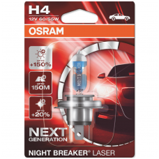 H4 OSRAM NIGHT BREAKER LASER +150% šviesos, +150m švietimo, +20% baltumo halogeninė lemputė