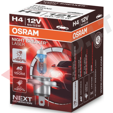 H4 OSRAM NIGHT BREAKER LASER +150% šviesos, +150m švietimo, +20% baltumo halogeninė lemputė