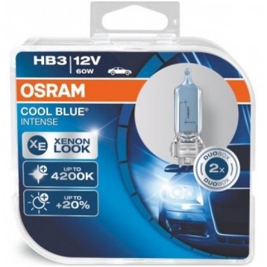 HB3 / 9005 2vnt. OSRAM COOL BLUE INTENSE 4200K, +20% šviesos, 9005CBI, 4008321660282 halogeninės lemputės