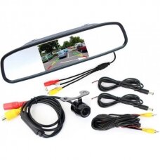 Kameros ir LCD monitoriaus veidrodėlyje parkavimo sistema 4-ių juodos spalvos jutiklių "EAGLE", garsinis Bi-Bii signalas