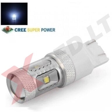 LED W21/5W / T20 / 7443 - 9w, 6 CREE LED balta keturių kontaktų lemputė