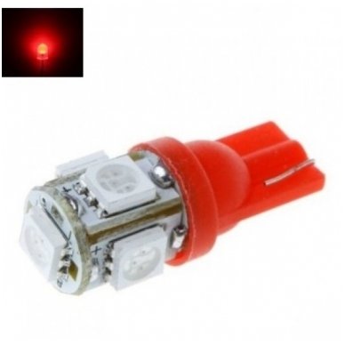 Led lemputė T10 / W5W / 12V - 5 LED raudona