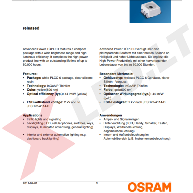 Osram 6 kontaktų SMD 3528 PLCC6 geltonas diodas 10 vnt.