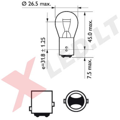 PHILIPS PR21/5W BAW15D raudona halogeninė lemputės 12V 21/5W 12495CP PHILIPS PR21/5W BAW15D raudona halogeninė lemputės 12V 21/5W 12495CP