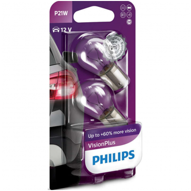PHILIPS +60% Vision Plus P21W halogeninės lemputės 12V 21W 12498CP PHILIPS +60% Vision Plus P21W halogeninės lemputės 12V 21W 12498CP