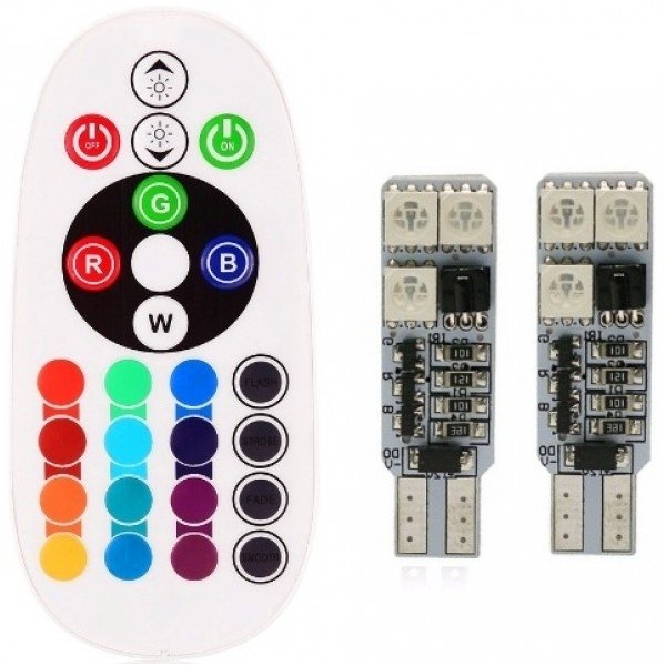 RGB T10 W5W 6 SMD - 12v led lempučių komplektas RGB T10 W5W 6 SMD - 12v led lempučių komplektas