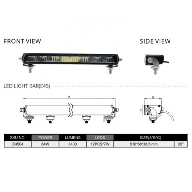 SLIM LED BAR sertifikuotas žibintas 84W 8400LM 12-24V (E9 HR PL) COMBO 52cm 21